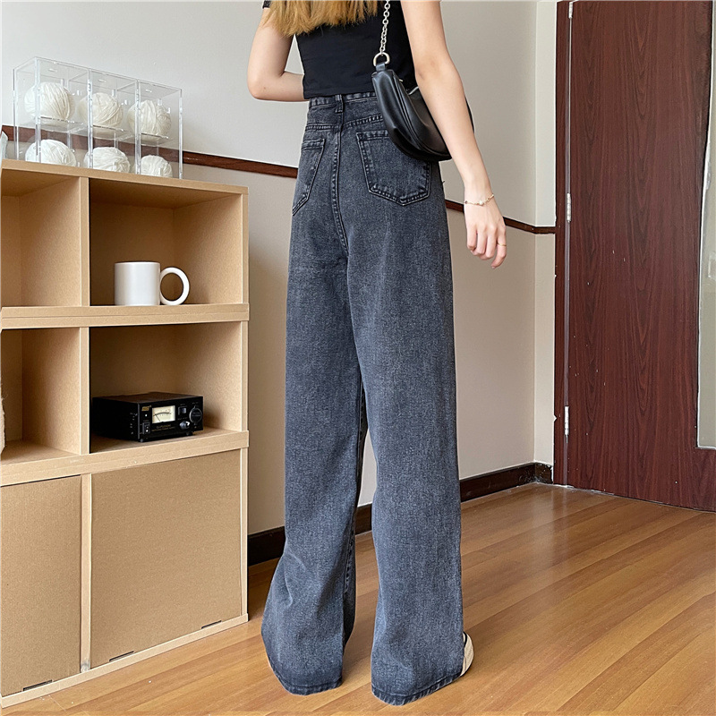 The new Korean style high-waisted straight-leg loose, slimming, wide-leg black floor-length jeans for women in spring and summer are trendy pic 20