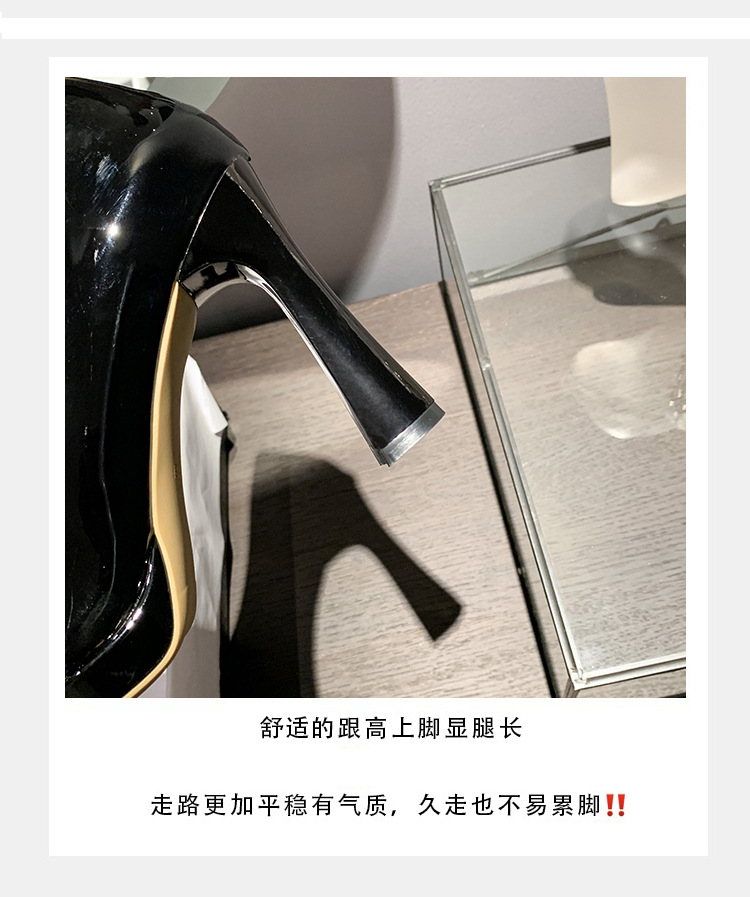Pointed-toe nude high heels for women, 2023 new style, simple, fashionable and versatile, patent leather shallow toe square heel single shoe pic 5