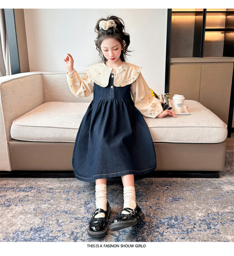 女童套装2023秋季新款韩版女大童绣花衬衫牛仔背带裙连衣裙两件套详情20