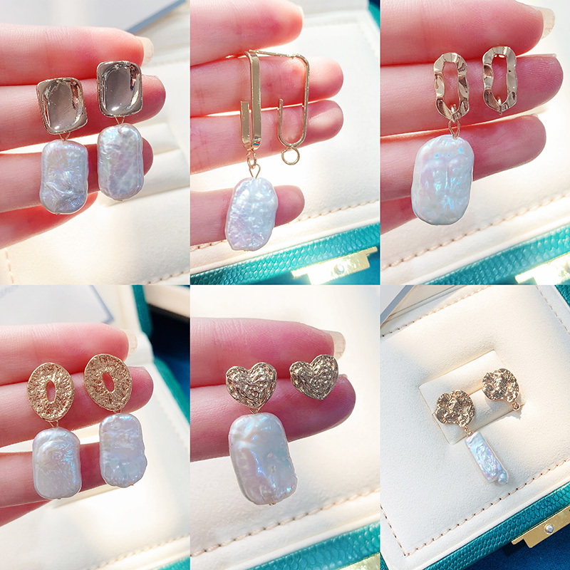 铜镀真金14k包金不规则敲打面耳钉耳针配饰巴洛克淡水珠异性耳钉详情2