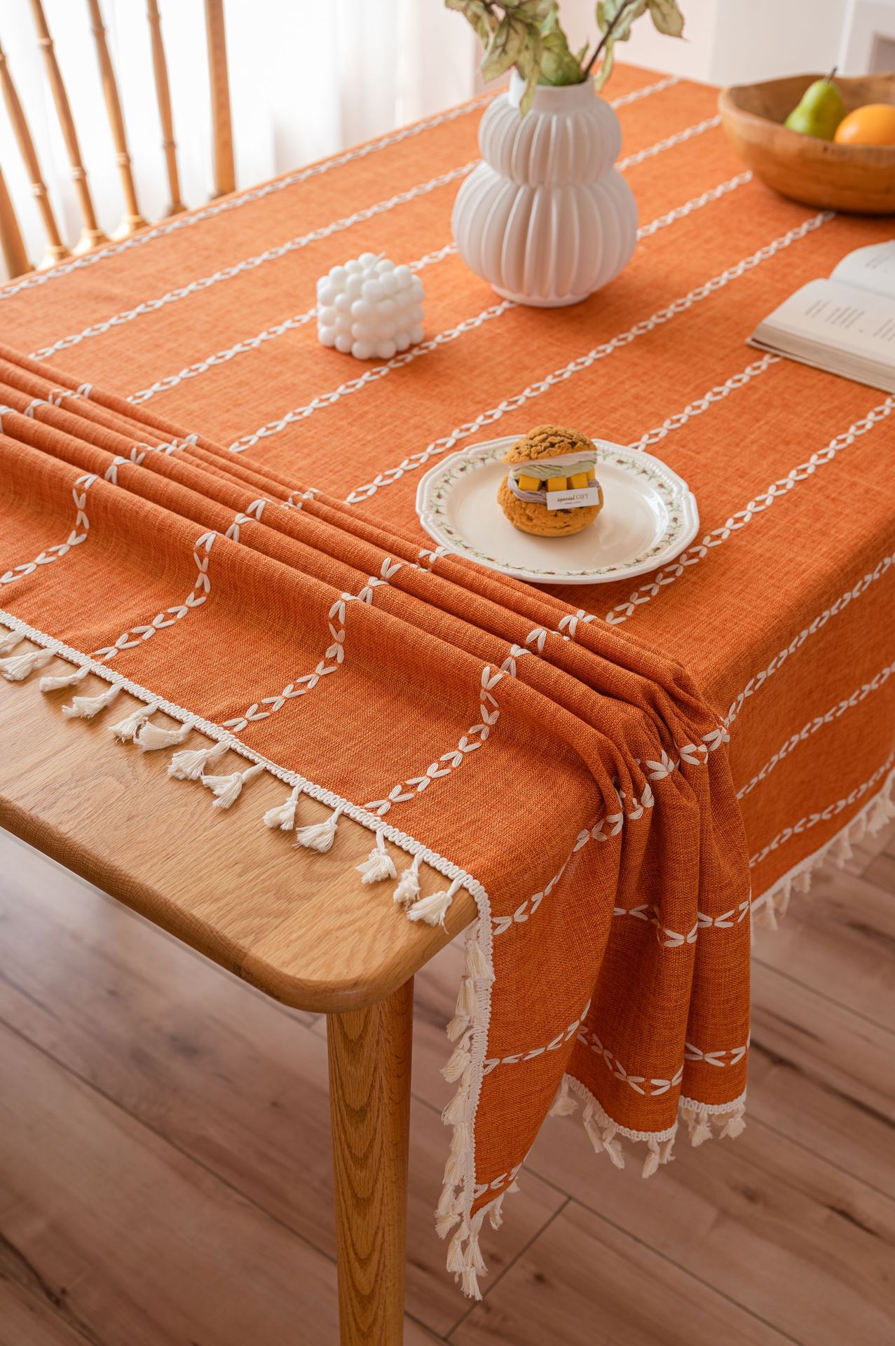 Cross-border three-dimensional embroidered striped tablecloth, popular black solid color, white cotton and linen tablecloth cover, fabric outdoor party pic 38
