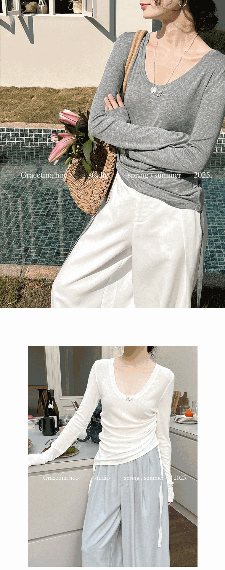 Early spring new collection of 2025, a simple and laid-back two-wear T-shirt with a basic U-neck and a large ribbon for women pic 1