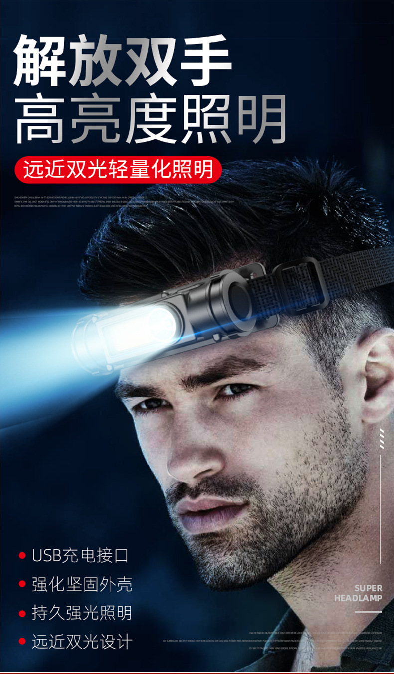 外贸 磁铁工作灯LED头灯户外cob充电头戴灯 钓鱼灯 强光夜钓头灯 pic 6