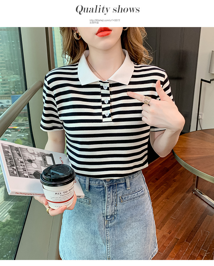 Verano coreano versión rayas mujer commuter patchwork color polo cuello manga corta camiseta mujer diseño sentido moda legging pic 28