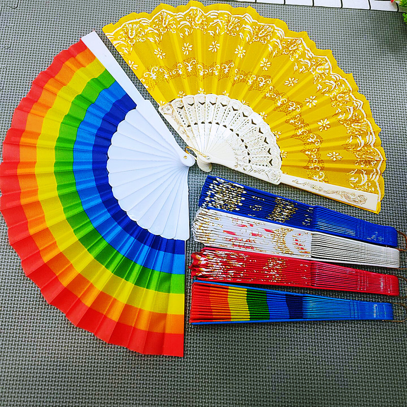 Factory direct supply of new rainbow fans, flat fabric fans, and colorful folding fans, available in one-yuan and two-yuan supplies pic 1