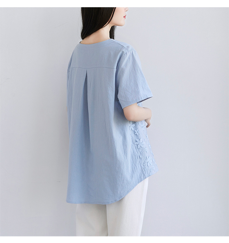 2022夏季新款速卖通欧美女装蕾丝刺绣短袖衬衫宽松女士上衣T恤详情20