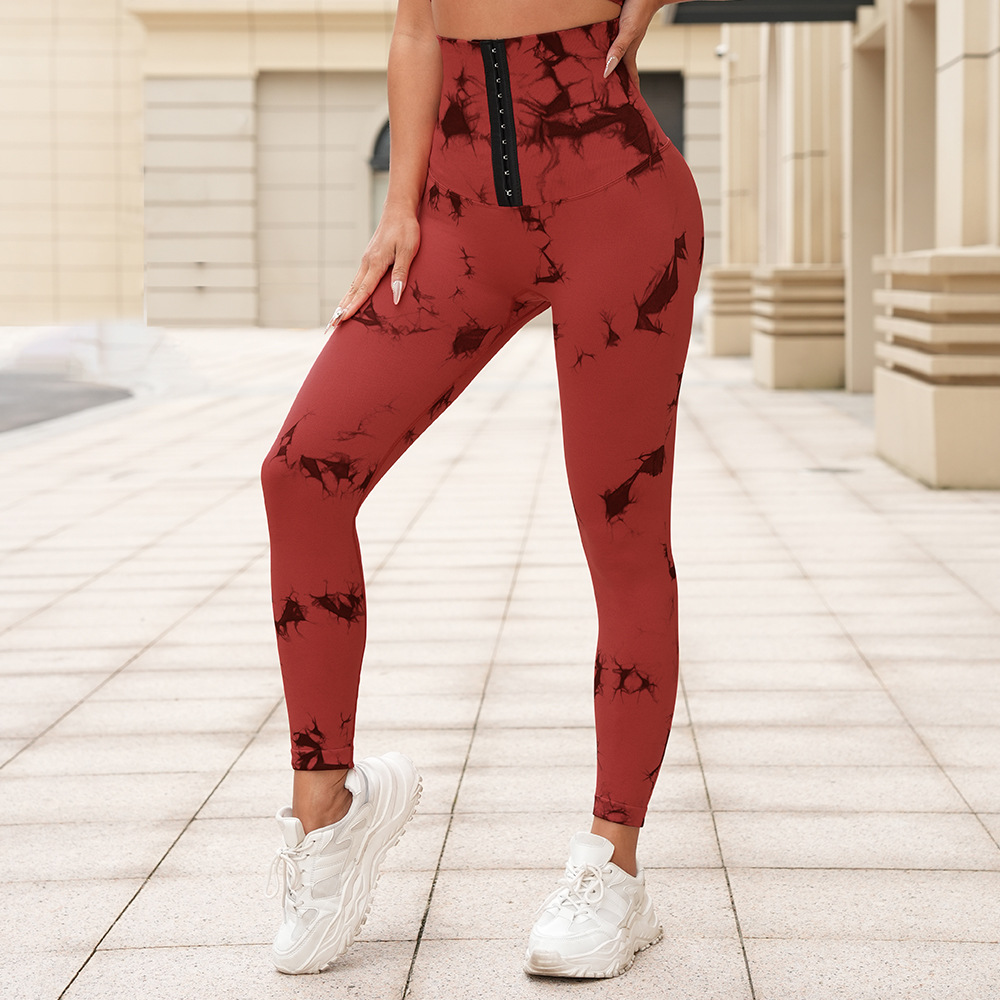 新品无缝扎染瑜伽裤高腰收腹排扣紧身裤提臀健身裤跑步塑身运动裤详情16