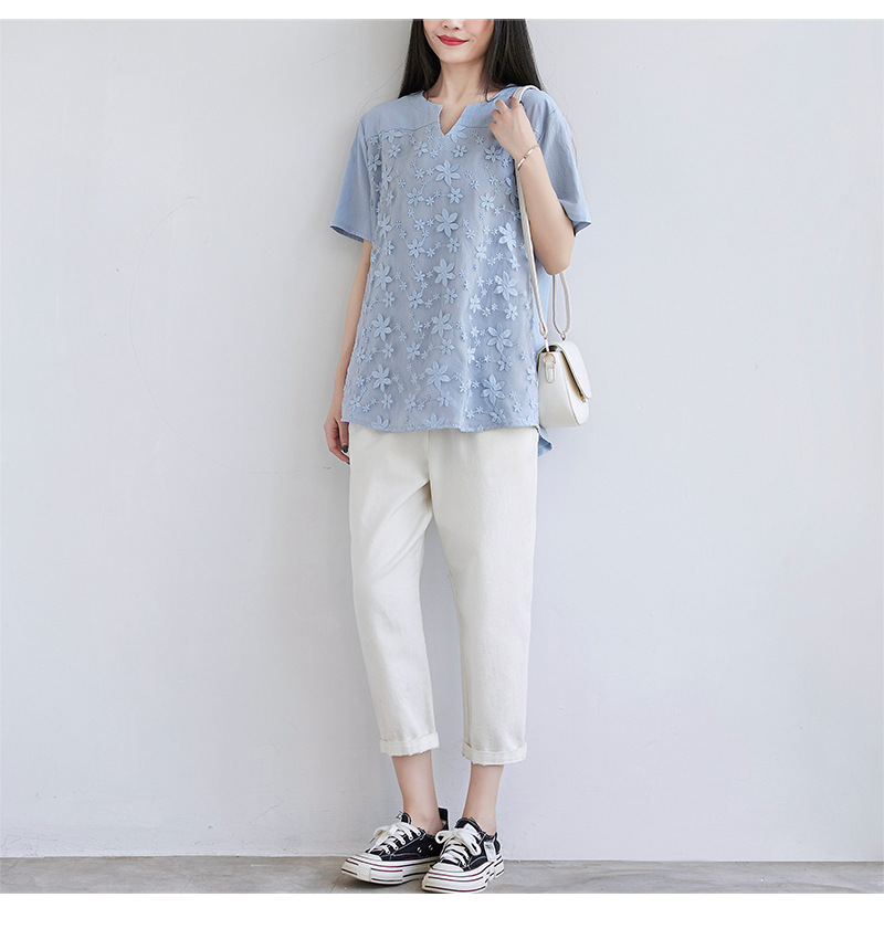 2022夏季新款速卖通欧美女装蕾丝刺绣短袖衬衫宽松女士上衣T恤详情21