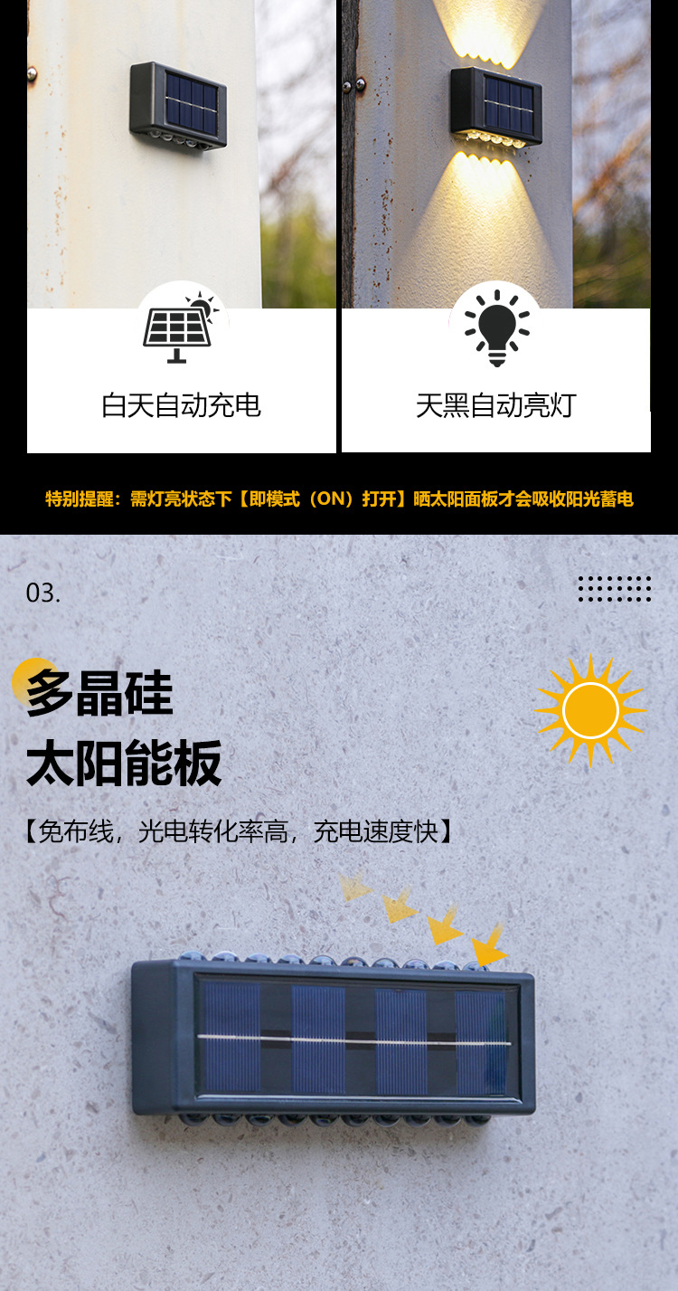 Solar outdoor garden lamp, household wall lamp, decorative arrangement, fence washing, new style of top and bottom luminous atmosphere wall lamp pic 21