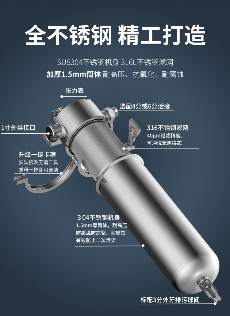 304不锈钢前置过滤器家用全屋大流量净水器反冲洗自来水过滤器Stainless steel prefilter详情6