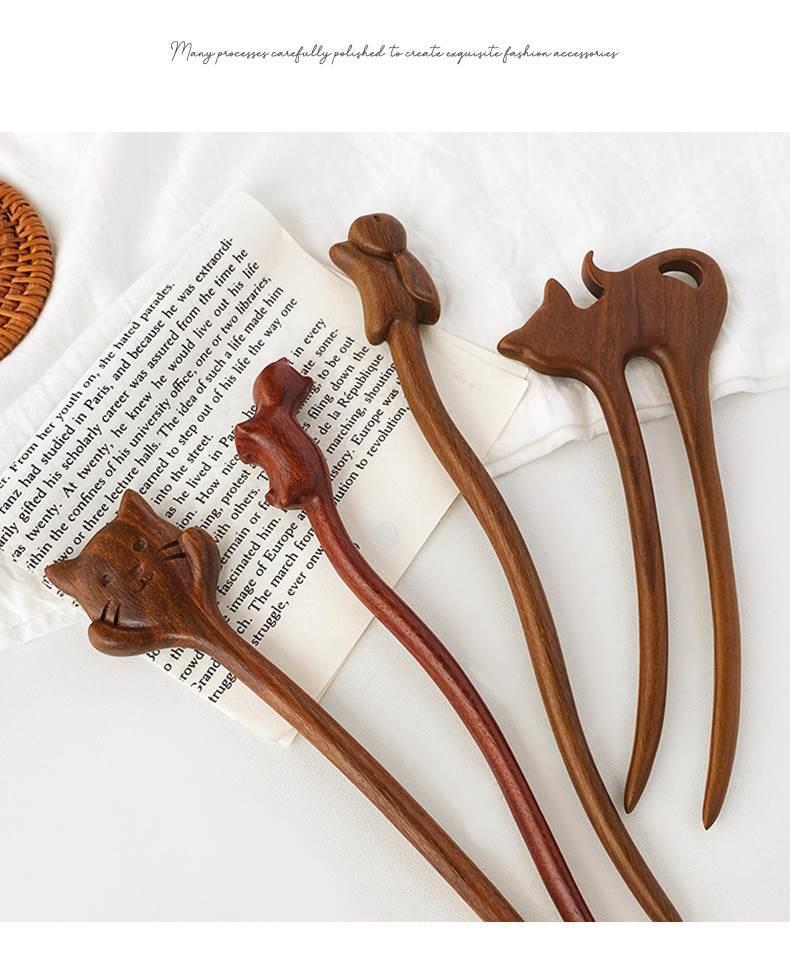 国风国潮可爱猫咪发簪女古风新中式木质发张簪子u型发钗檀木小众木簪头饰详情6