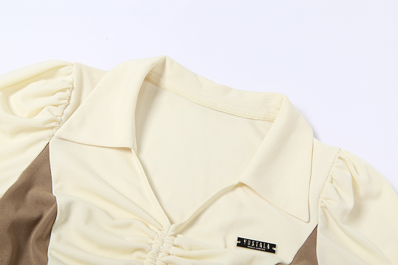 Estilo europeo y americano verano 2022 nuevo estilo mujer moda solapa colgante color slim crop ombligo plisado cordones manga corta camiseta mujer pic 10