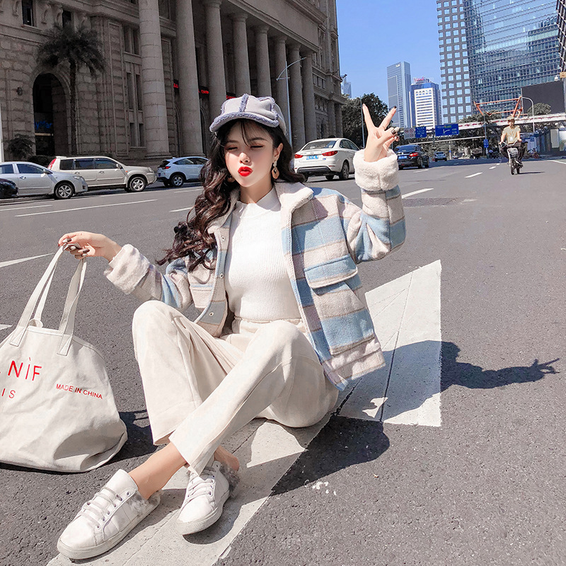 New loose checkered thickened windbreaker, short and versatile woolen coat for petite people pic 16
