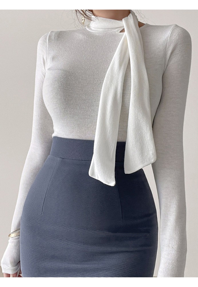 女人味飘带紧身高领长袖T恤女 韩国东大门新款温柔奶油粉女式上衣详情12