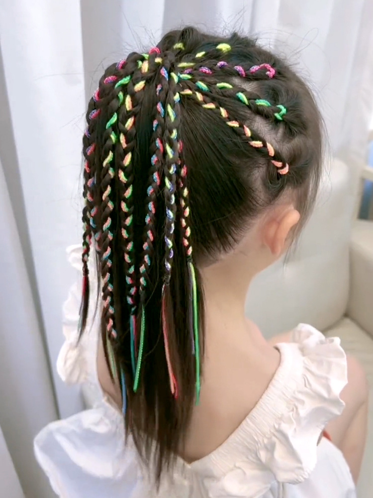 女童加粗银丝闪粉彩绳闪亮七彩渐变编发绳舞台表演彩虹色甜酷发饰详情7