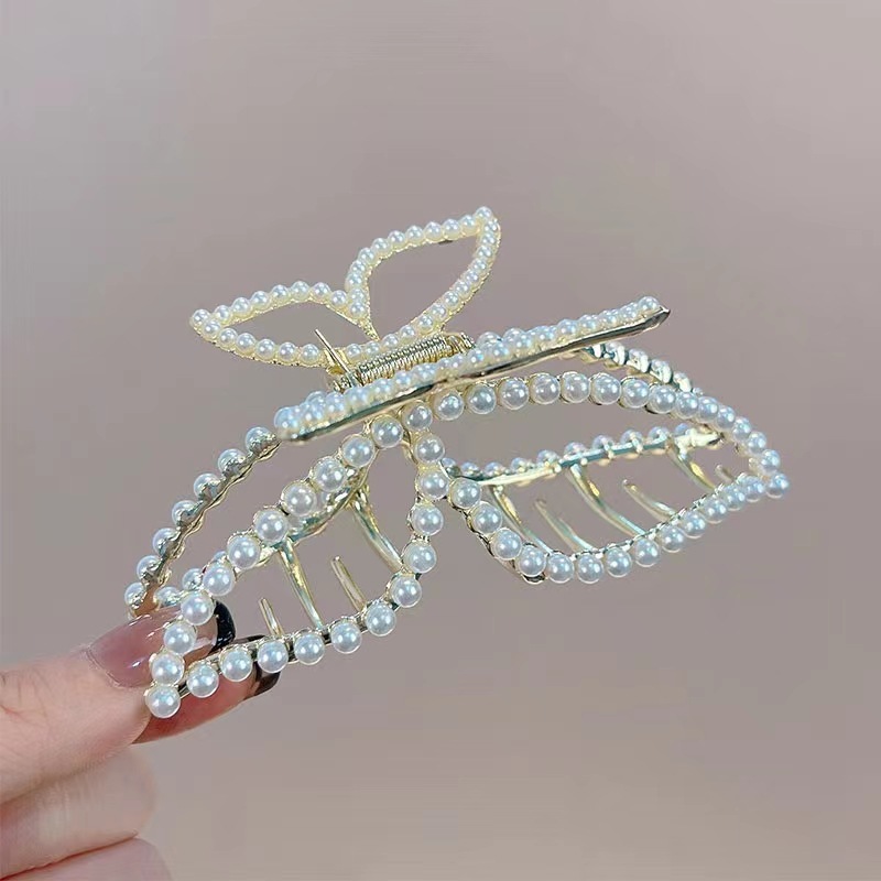 韩国新款珍珠蝴蝶盘发合金抓夹后脑勺大号鲨鱼发夹气质发夹头饰女详情4