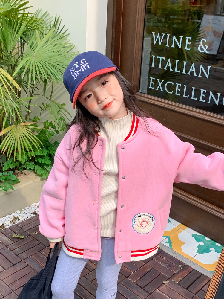TCkids2022AW Autumn/Winter Edition fleece thickened embroidered label pink baseball jacket pic 13
