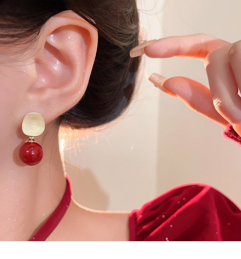 新年喜庆安可拉红色珠子耳钉女哑光拉丝几何形耳钉港风复工耳饰品详情19