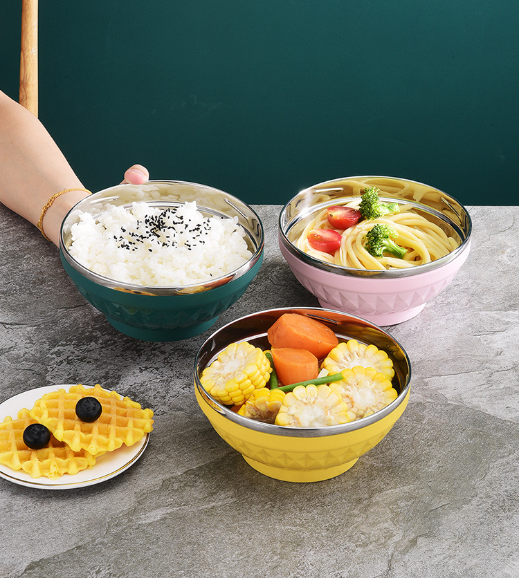 Large-capacity 304 stainless steel bowl, student Nordic colorful bowl, double-layer heat-insulating soup bowl, household cafeteria rice bowl and soup basin pic 21