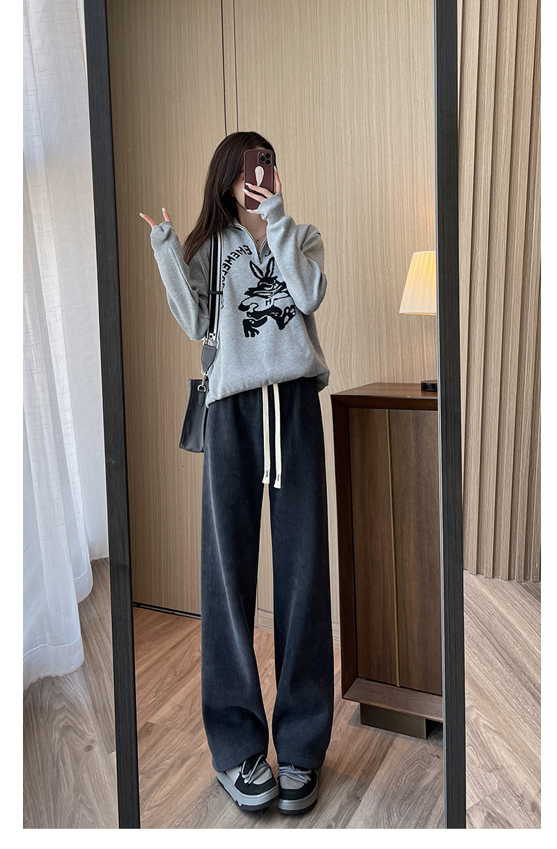 秋冬新款欧棉绒阔腿裤女高腰显瘦宽松抽绳百搭直筒垂感口袋休闲裤详情27