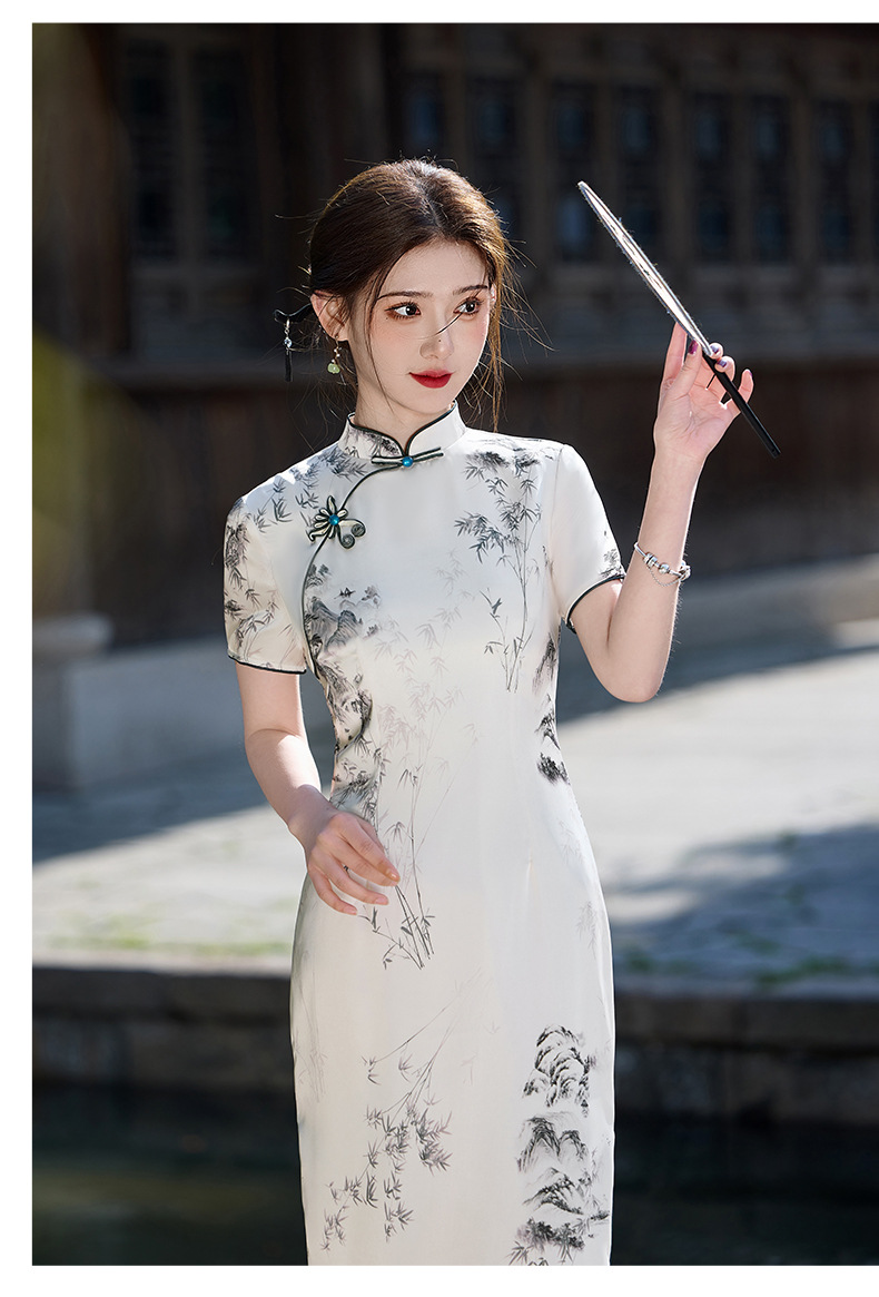 国潮国风水墨画长款醋酸双层改良2025新款年轻款少女复古修身详情13