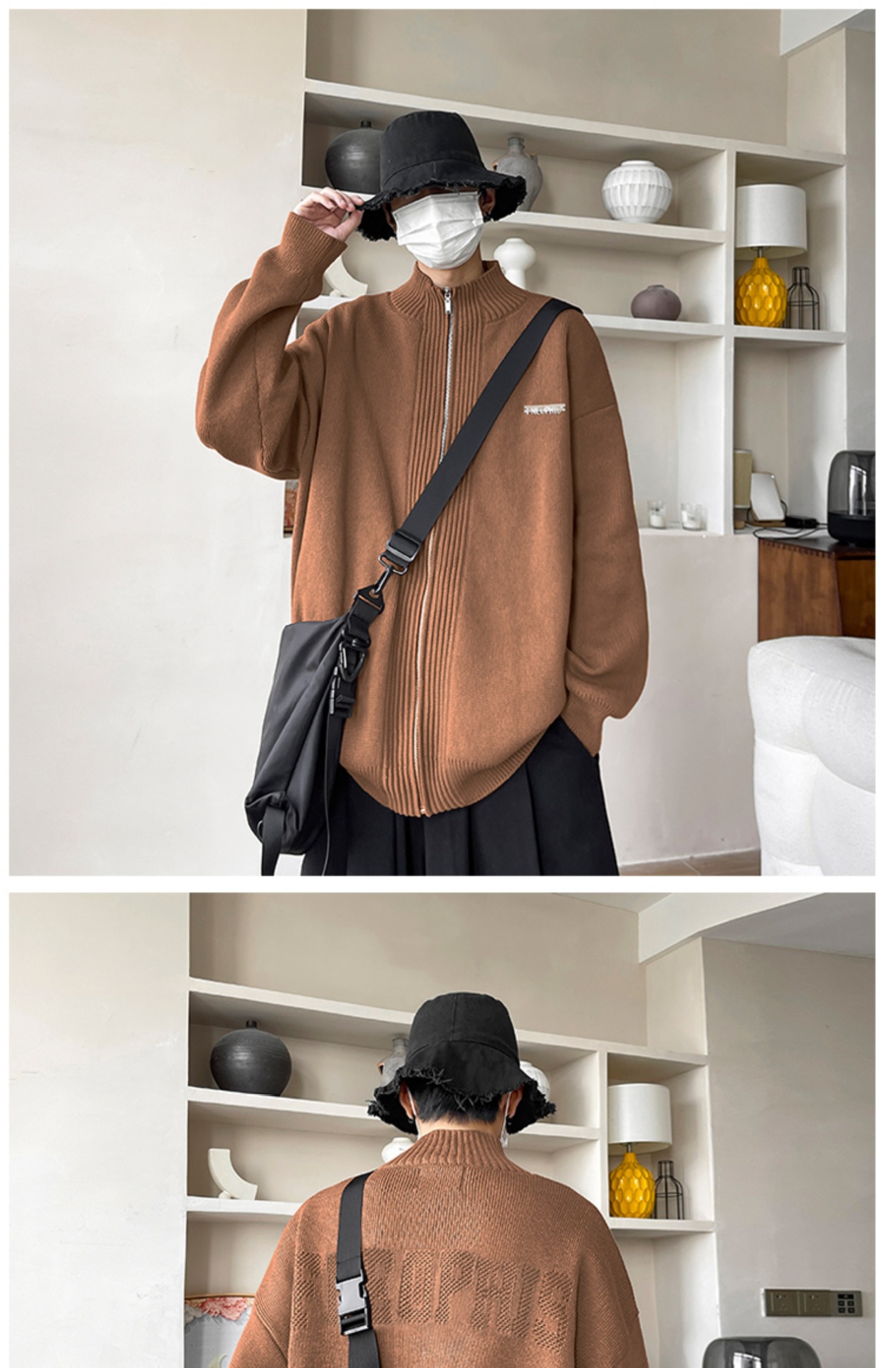 Laid-back style zipper sweater for men, autumn and winter American stand-up collar cardigan, loose trendy couple knitted sweater, casual coat pic 10
