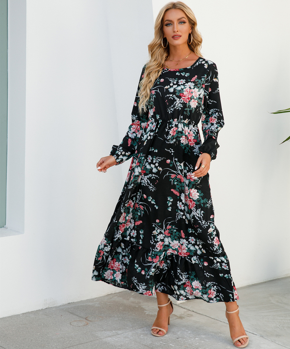 European and American floral long, round-neck, long-sleeved, waist-cinching and slimming dress pic 64
