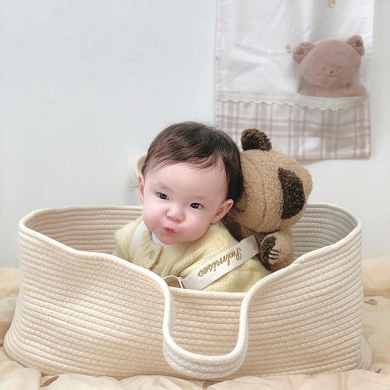 ins Nordic-style baby hand-held basket, portable pure cotton woven baby sleeping basket, foldable hand-held crib pic 21