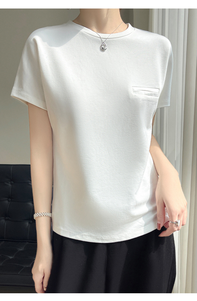 夏季丝光棉纯色短袖女简约设计感口袋圆领T恤宽松时尚百搭上衣详情16