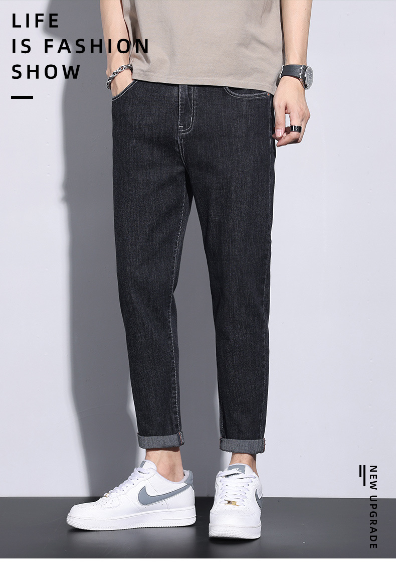 米杉高品质牛仔360#男士工艺修身牛仔裤弹力小直筒九分裤黑灰色长详情1