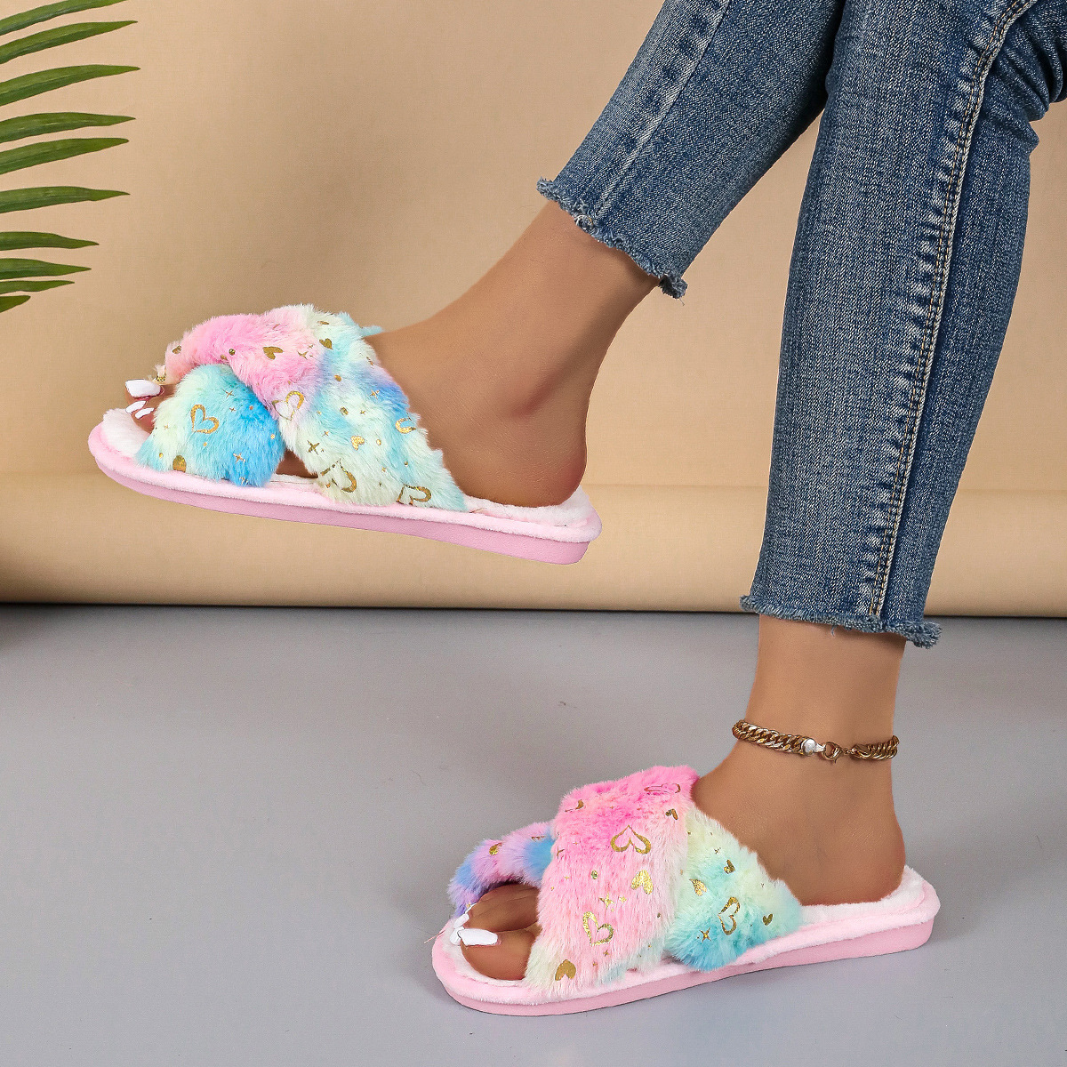 亚马逊交叉彩色毛毛绒拖鞋2024秋冬新款室内保暖棉鞋漏趾毛毛拖鞋详情7