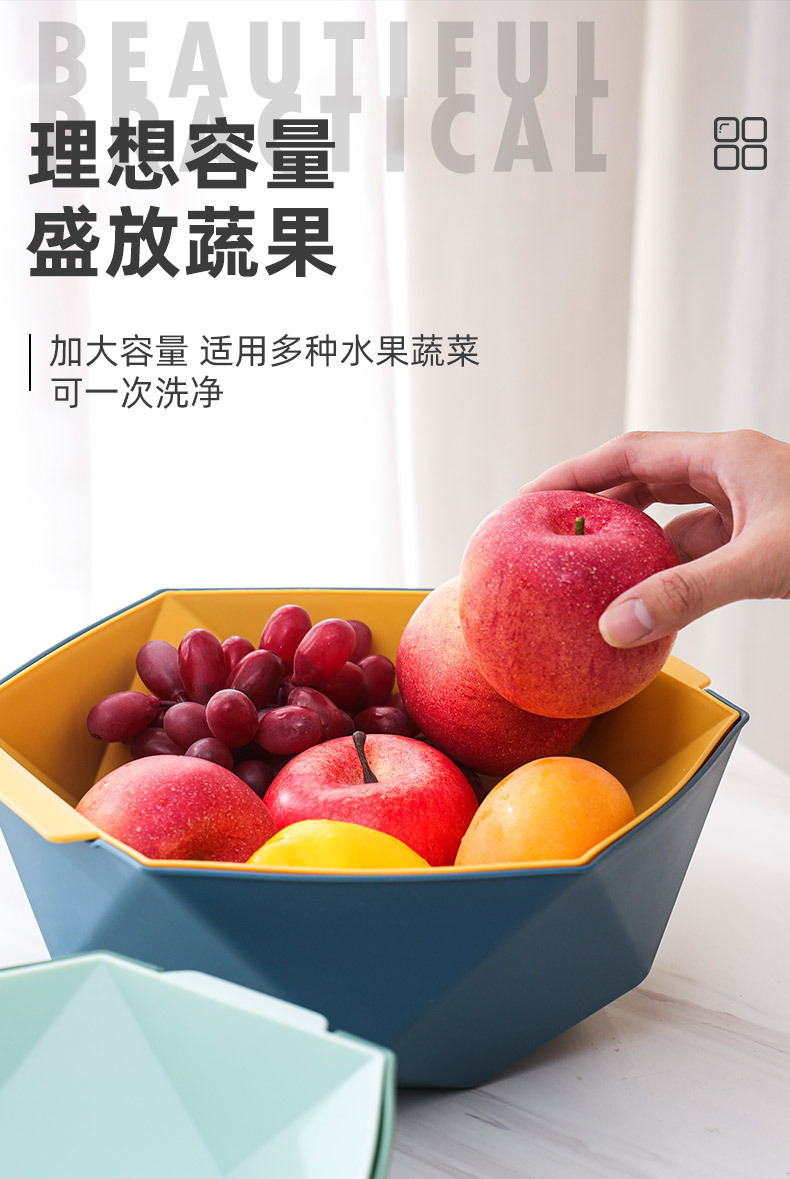 沥水篮家用滤水洗菜篮塑料多功能水果篮子厨房收纳批发双层洗菜盆详情7