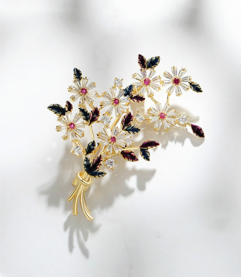 如奢饰品韩版高档镶锆石滴油枝叶花朵胸针女时尚珍珠胸花西服别针详情1