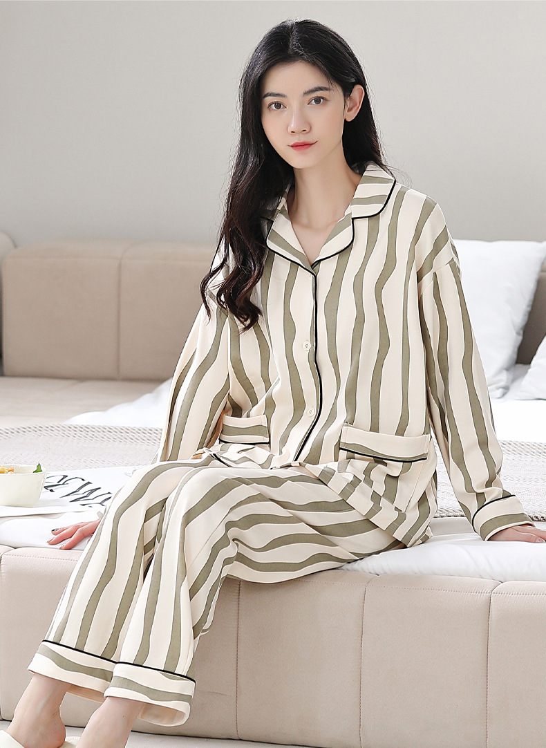 纯棉女士睡衣女春夏新款100%棉斑马纹长袖开衫休闲家居服套装详情12
