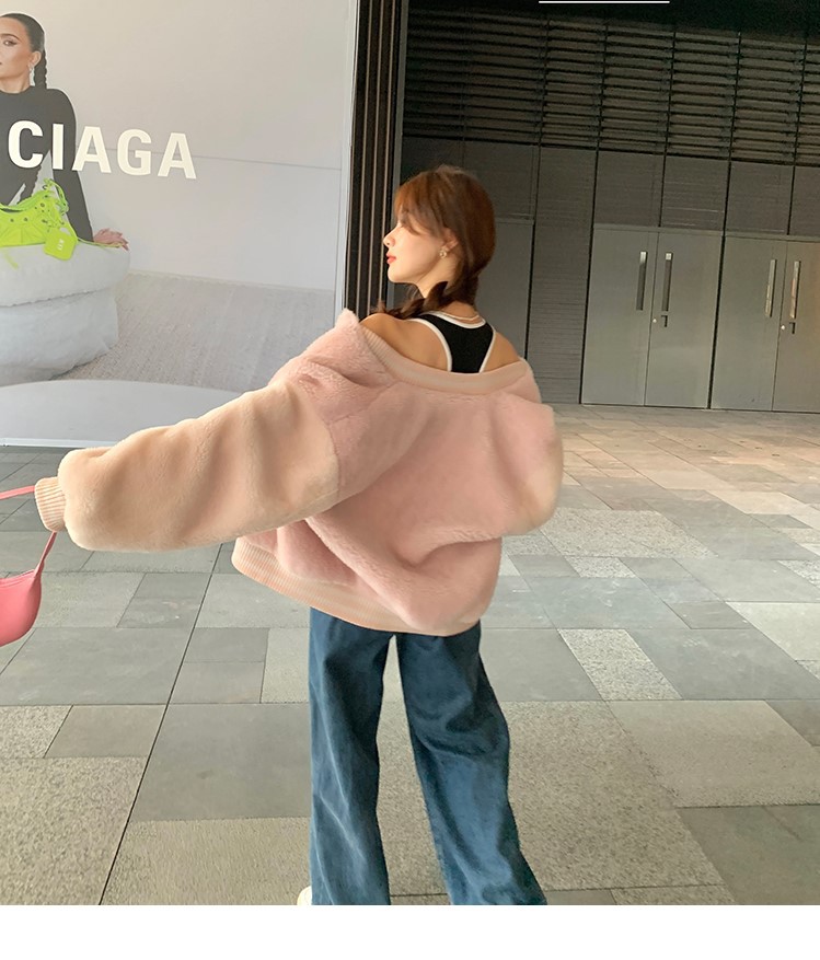 颗粒绒棒球服羊羔毛皮草外套女撞色时尚粉色羊剪绒皮毛一体大衣冬详情10