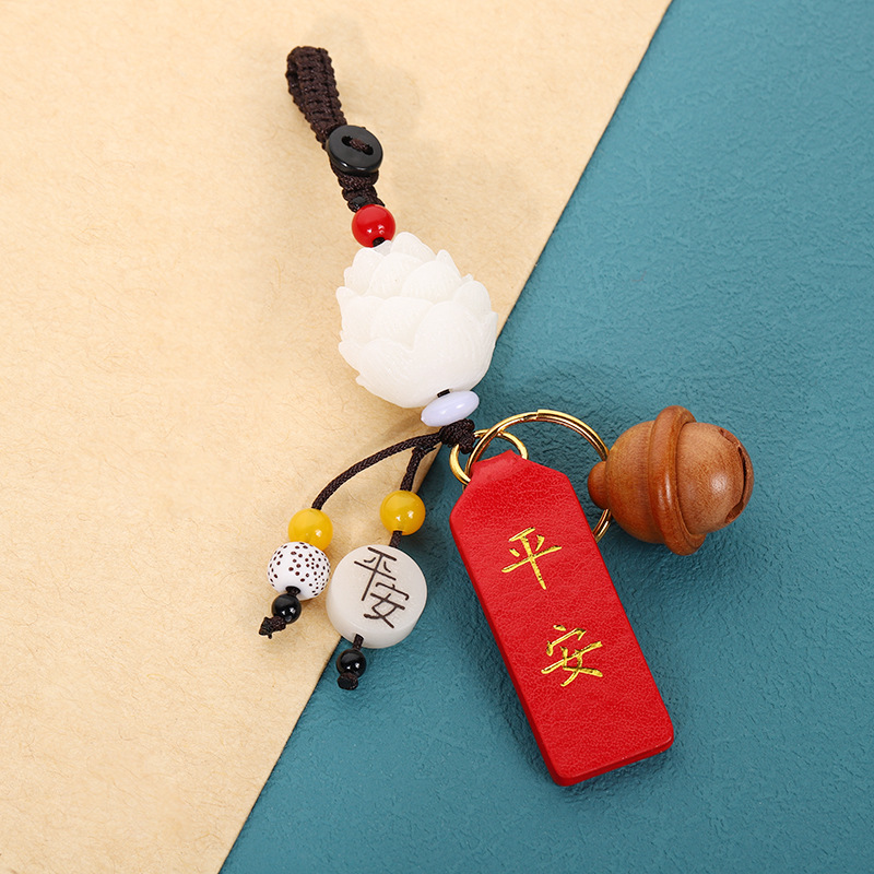 National trend car interior hanging ornaments, New Year gifts, peace and joy bag hanging ornaments, white jade Bodhi lotus keychain car hanging pic 4