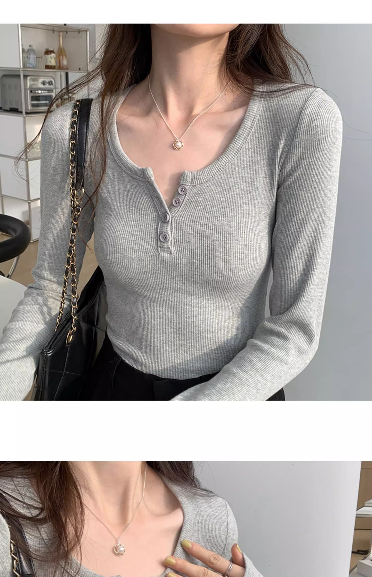 白色长袖t恤女2023秋装新款女装内搭上衣正肩体恤螺纹V领打底衫详情7