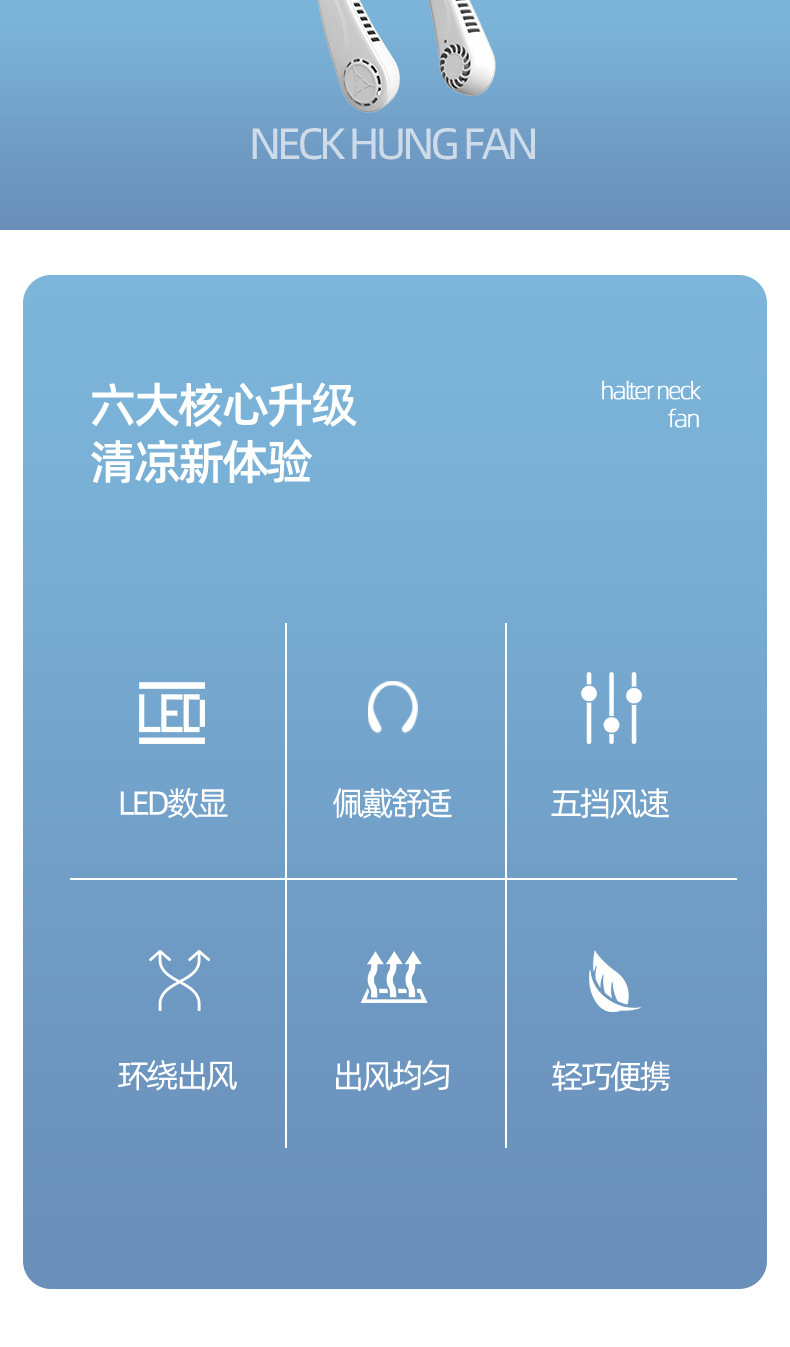 抖音新款五档挂脖风扇 usb户外运动学生迷你数显挂脖小风扇礼品详情2