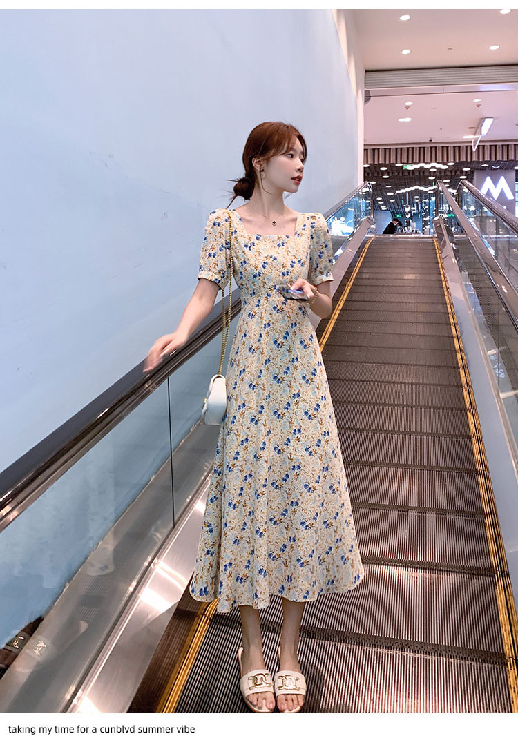 Floral print dress for women's summer 2024 new French retro gentle style, slimming and waist-cinching chiffon long dress, knee-length dress pic 24