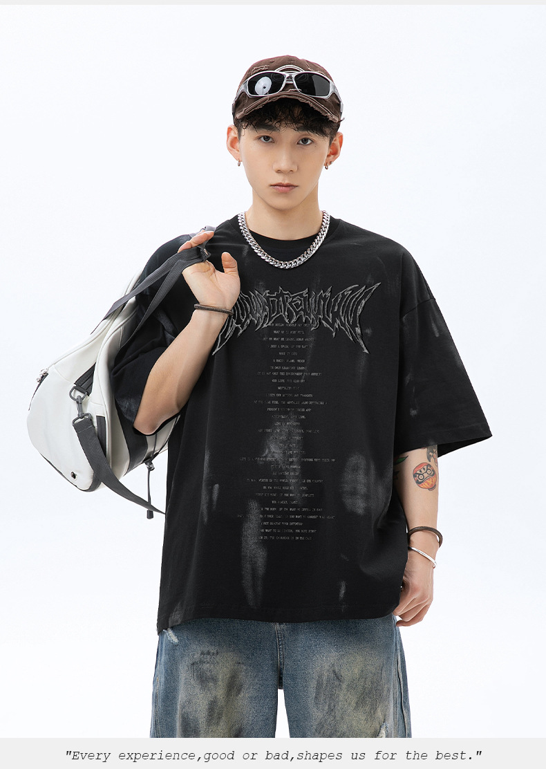 手绘印花纯棉T恤男2024夏季美式休闲情侣短袖做旧擦色复古体恤衫q详情14