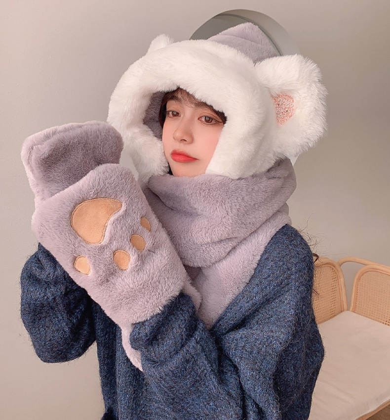 Otoño-invierno nuevo gato orejas lentejuelas peluche gorro más peludo y engrosado al aire libre caliente pie pie multifuncional conjunto de tres piezas pic 13