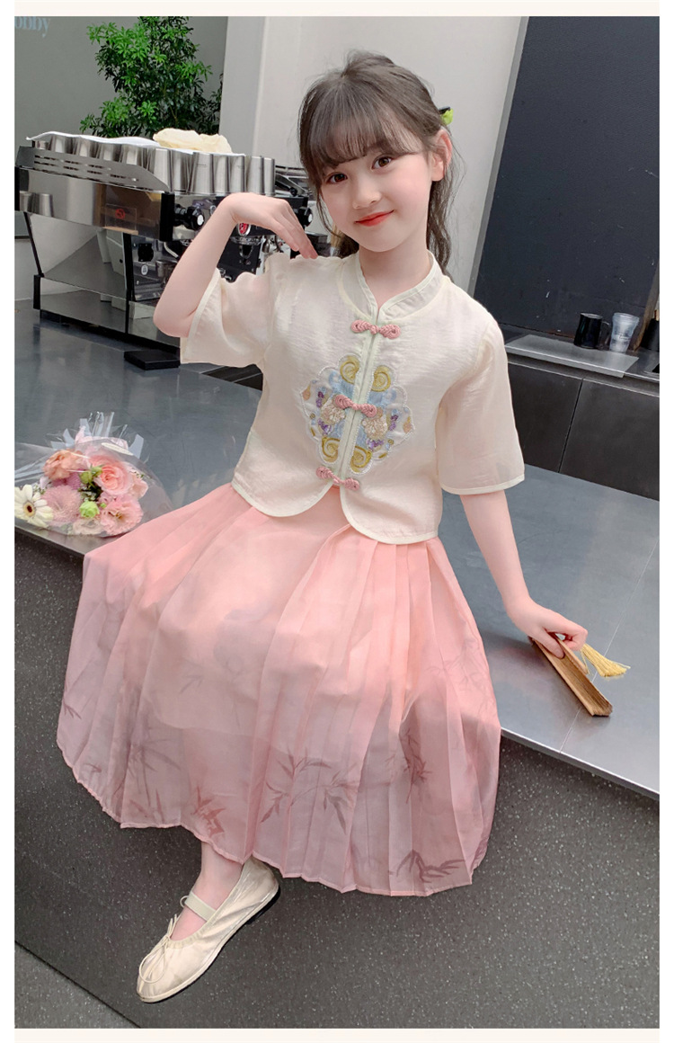 女童套裙2024新款中大童洋气国风刺绣汉服夏季短袖马面裙两件套详情12