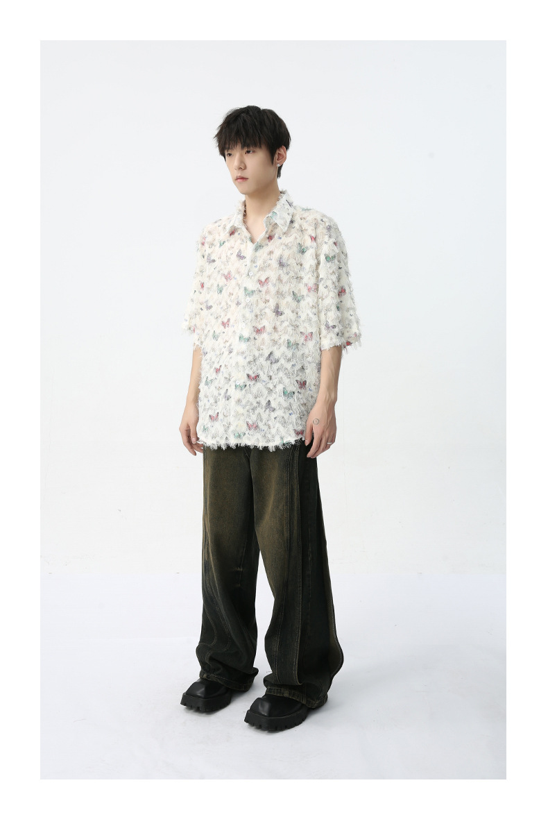 MTLCLOTHES男装|2024春款新品 法式小众独特彩色蝴蝶提花流苏衬衫详情13