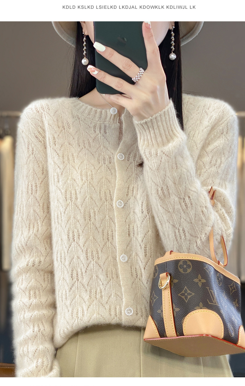 The 2023 autumn new collection features a highly anticipated hollowed-out wool cardigan jacket for women, a long-sleeved base sweater, and a thin outerwear pic 14