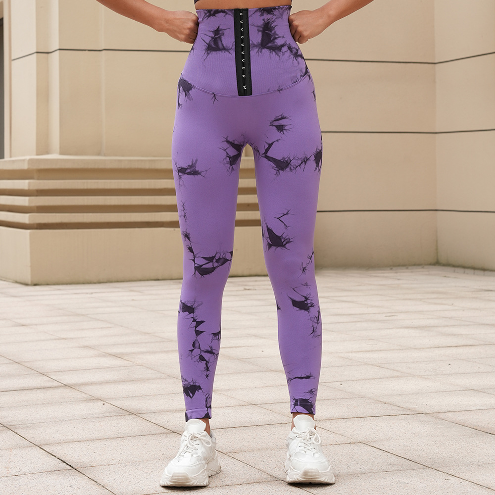 新品无缝扎染瑜伽裤高腰收腹排扣紧身裤提臀健身裤跑步塑身运动裤详情21