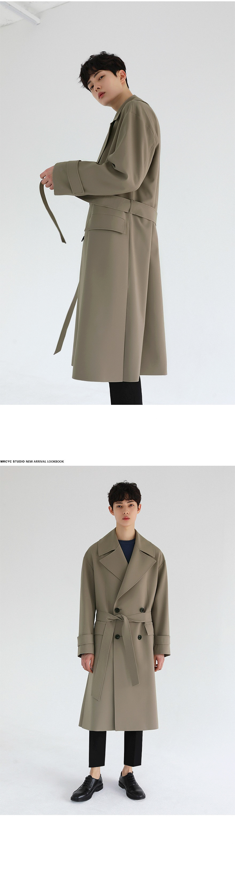 MYQ秋季韩版宽松纯色翻领男士中长款风衣卡其色披风轻熟外套男详情13