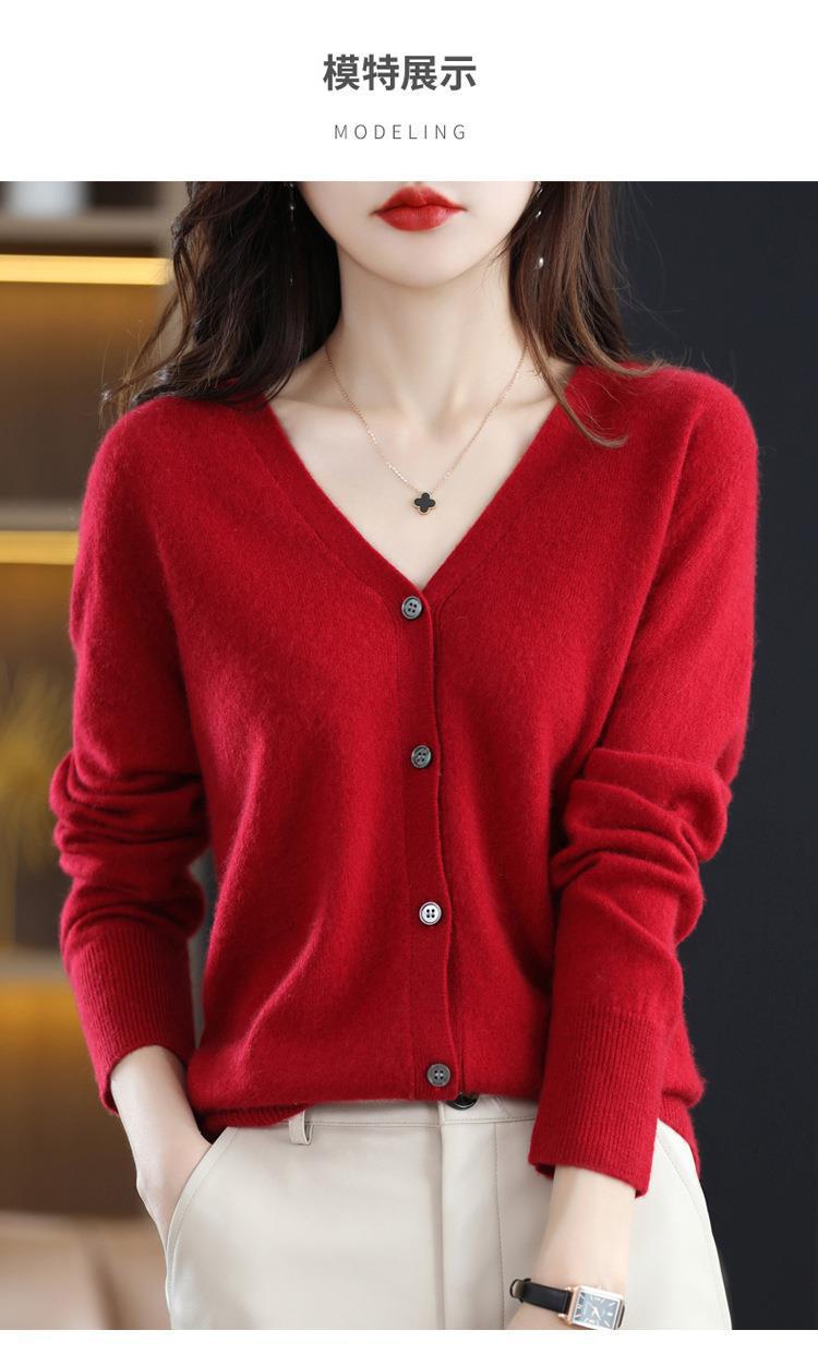 New Spring and autumn knitted cardigan for women, V-neck loose short solid color long-sleeved versatile sweater coat made of wool blend pic 32