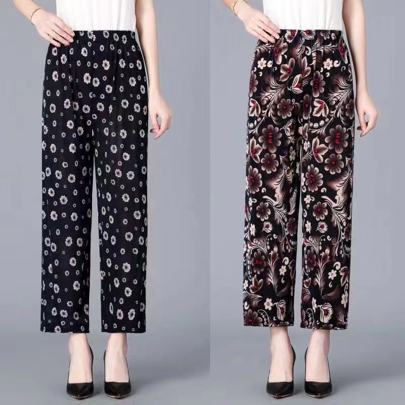 批发夏季冰丝女士九分花裤妈妈裤薄款高腰休闲宽松时尚中老年女裤详情3