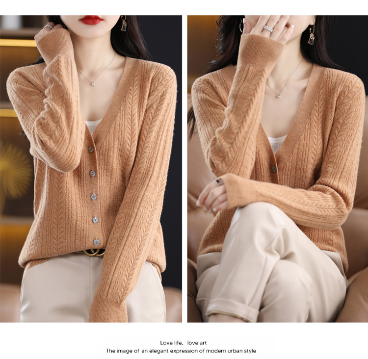 绒狼2023秋冬新款女士V领羊毛针织麻花开衫宽松长袖短款外套女详情16