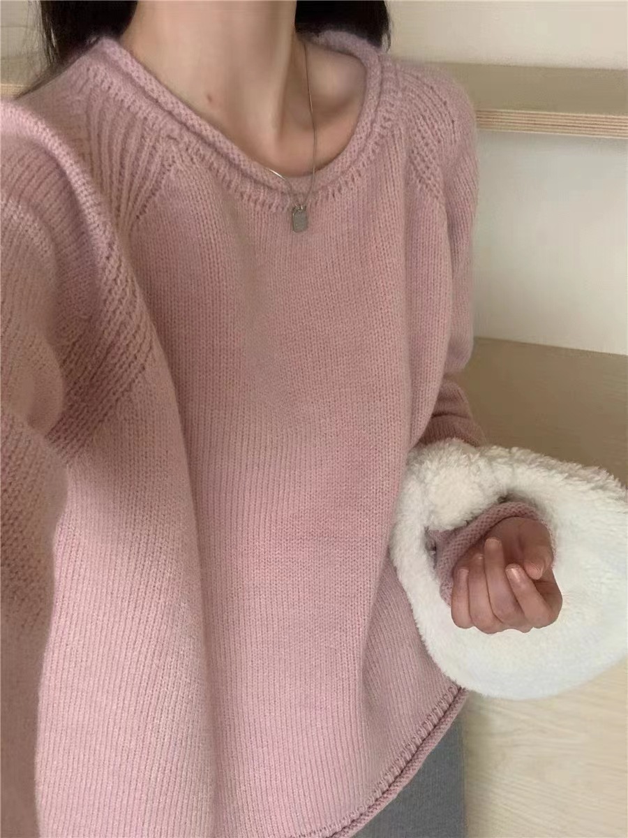 Korean-style puffed solid color pullover sweater for women, gentle and loose knitted top, versatile, laid-back style, fashionable and soft sweater pic 1